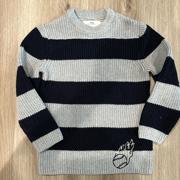 ZARA 100% cotton boy striped sweater with baseball image - Picture 1 of 4